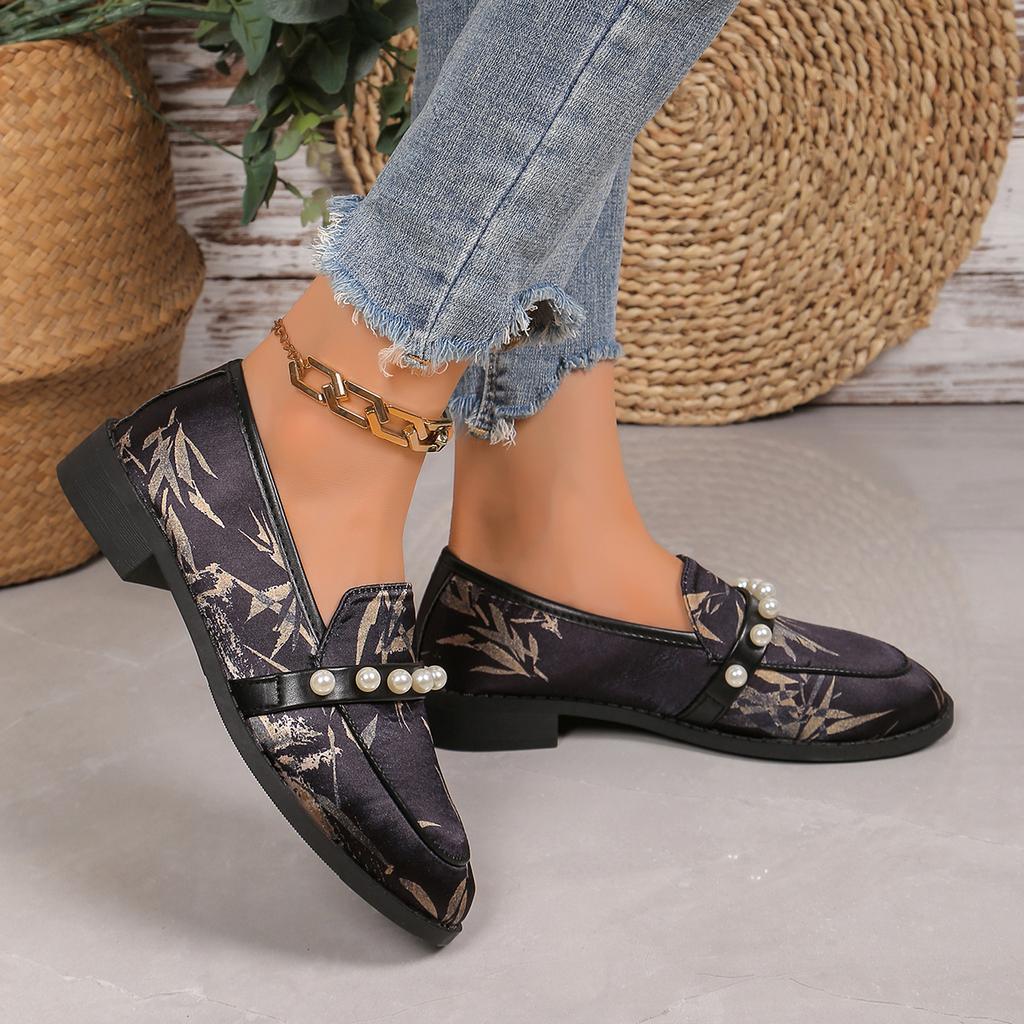 fashion Autumn New Women's Pumps Round Toe Low Heel Shoes for Women Slip on Anti-slip Loafers Outdoor Office Lady Pearl Platform Shoes