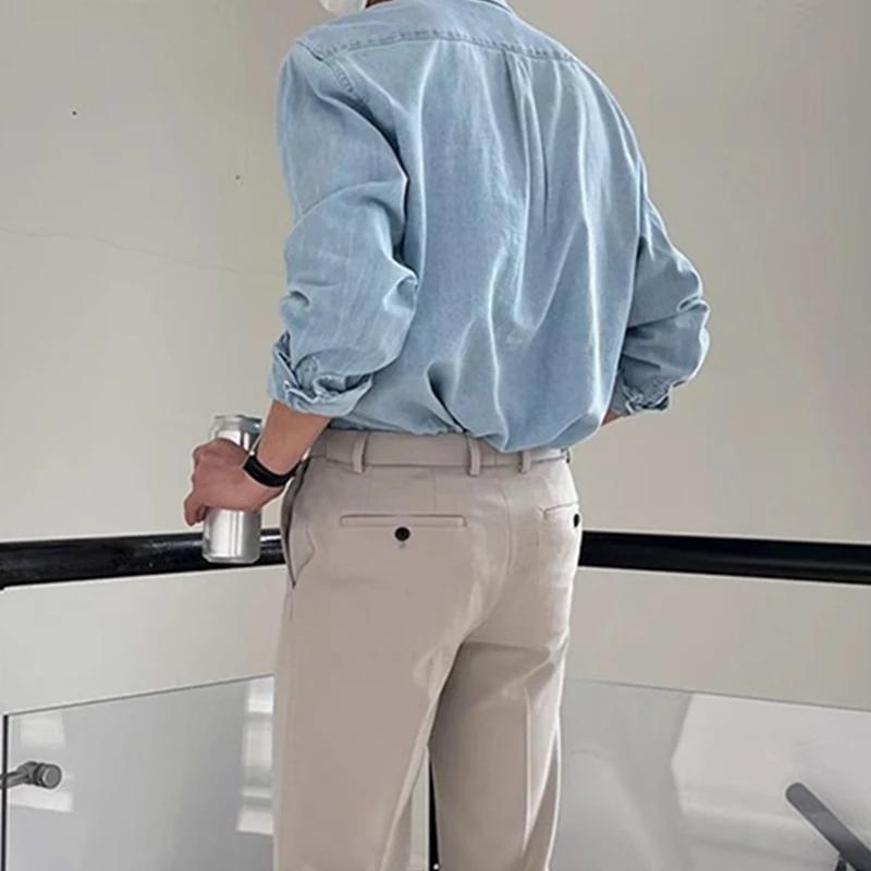 Весенняя уличная мужская джинсовая рубашка с карманами в стиле пэчворк, с длинным рукавом, джинсовая рубашка для мужчин, винтажные однотонные джинсовые кардиганы на пуговицах