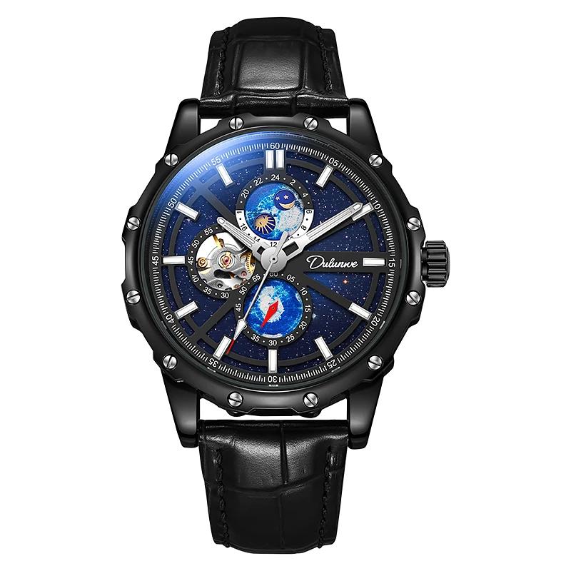 Dulunwe Мужские автоматические механические полые механические часы звездное небо наручные часы водонепроницаемые деловые наручные часы