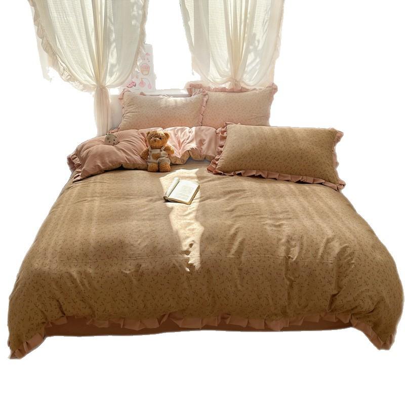 Cloud cotton bed four-piece set, double-layer yarn washed cotton quilt cover, small floral quilt cover, bed sheet, student dormitory three-piece set