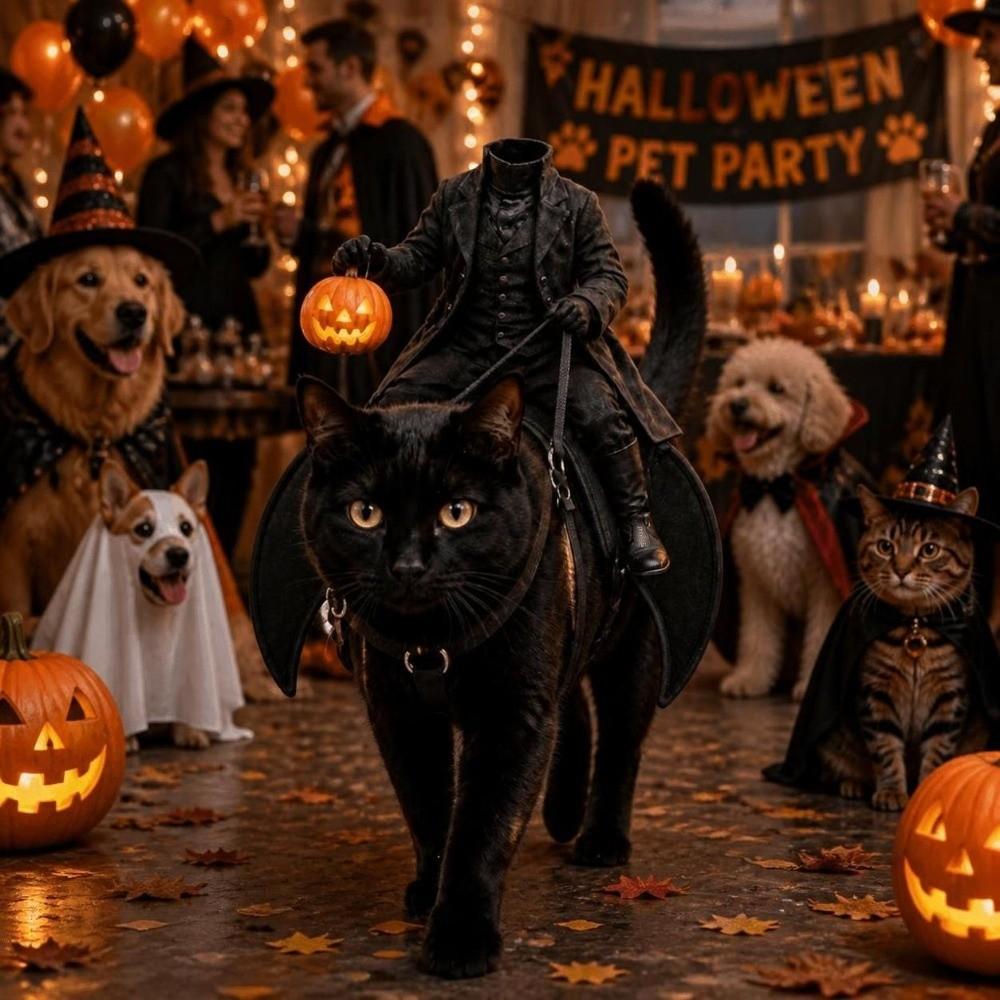 Creative Headless Horseman Cat Costume 3D Cat Saddle Costume Halloween Pet Costume Cosplay Event