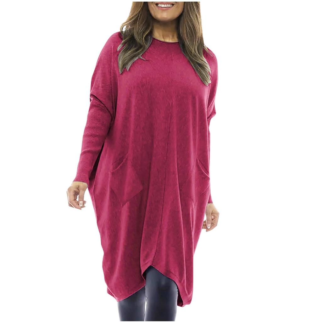 Женское повседневное свободное платье с длинным рукавом и круглым вырезом, однотонное, с карманами