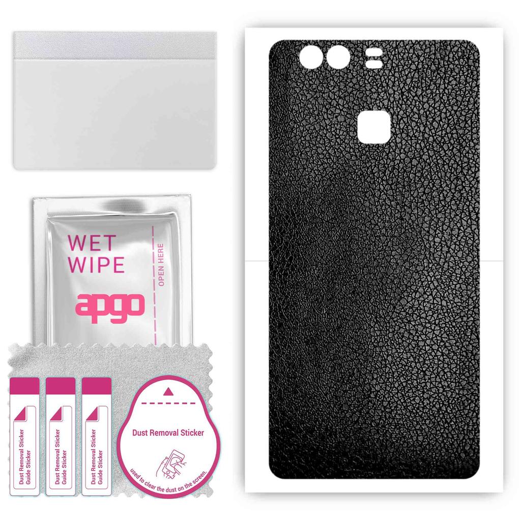 apgo Protective Skin Sticker for the Back Compatible with Huawei P9 Plus, Wrap Film, Foil, Vinyl - Pattern Black Leather