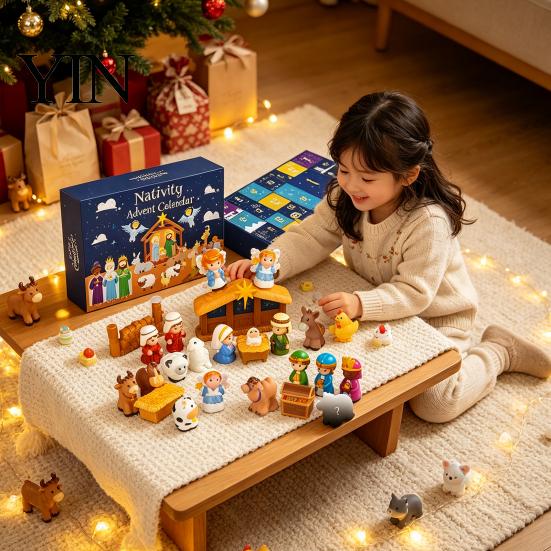 Plastic Christmas Countdown Ornament 24 Days Nativity Advent Calendar for Kids, Kids with Mini Figurines, Interactive Holiday Activities Children