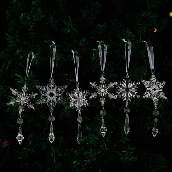6 Pcs Acrylic Crystal Christmas Ornament Sparkling Clear Snowflake Hanging Ornaments with Drop Pendants for Xmas Tree Decoration