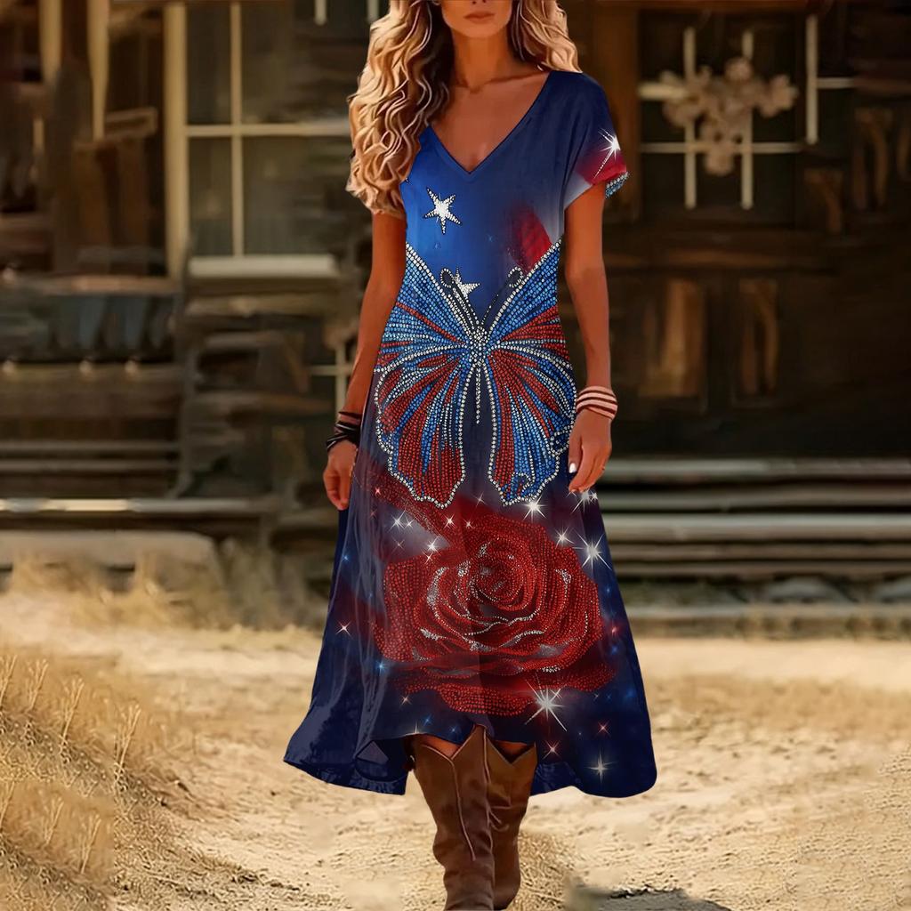 Women’s Short Sleeve V Neck Maxi Dress with Floral Print and Flag Pattern Casual Loose Fit Summer Dress