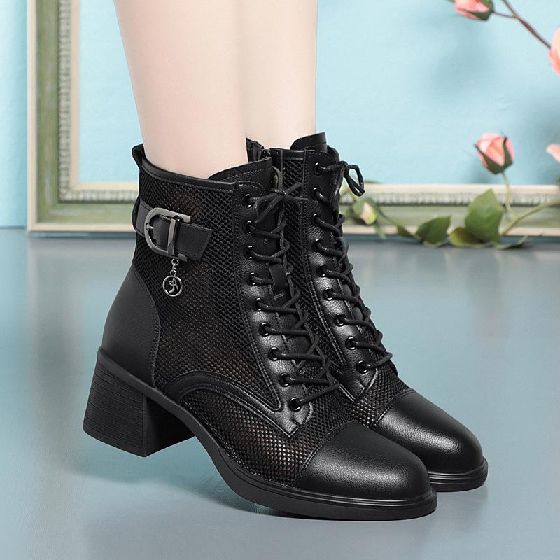 Модные дышащие сетчатые кожаные ботинки с вырезом, женские босоножки на платформе, лето 2024 года, повседневные ботинки на высоком каблуке