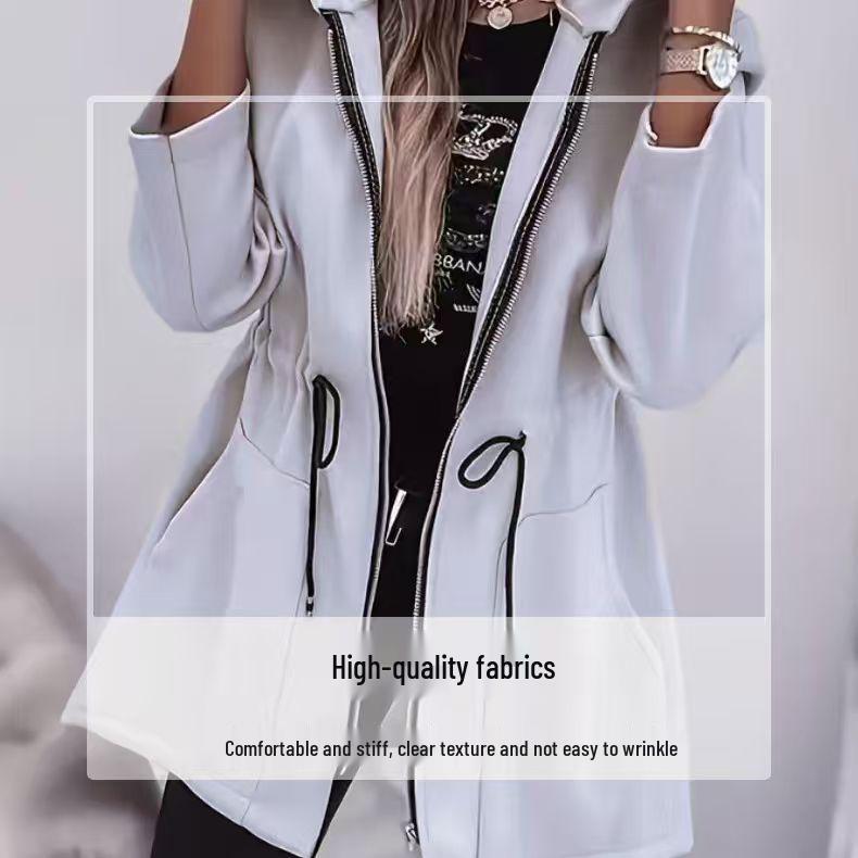 Европейская и американская женская мода Куртка средней длины с капюшоном на молнии и приталенной талией