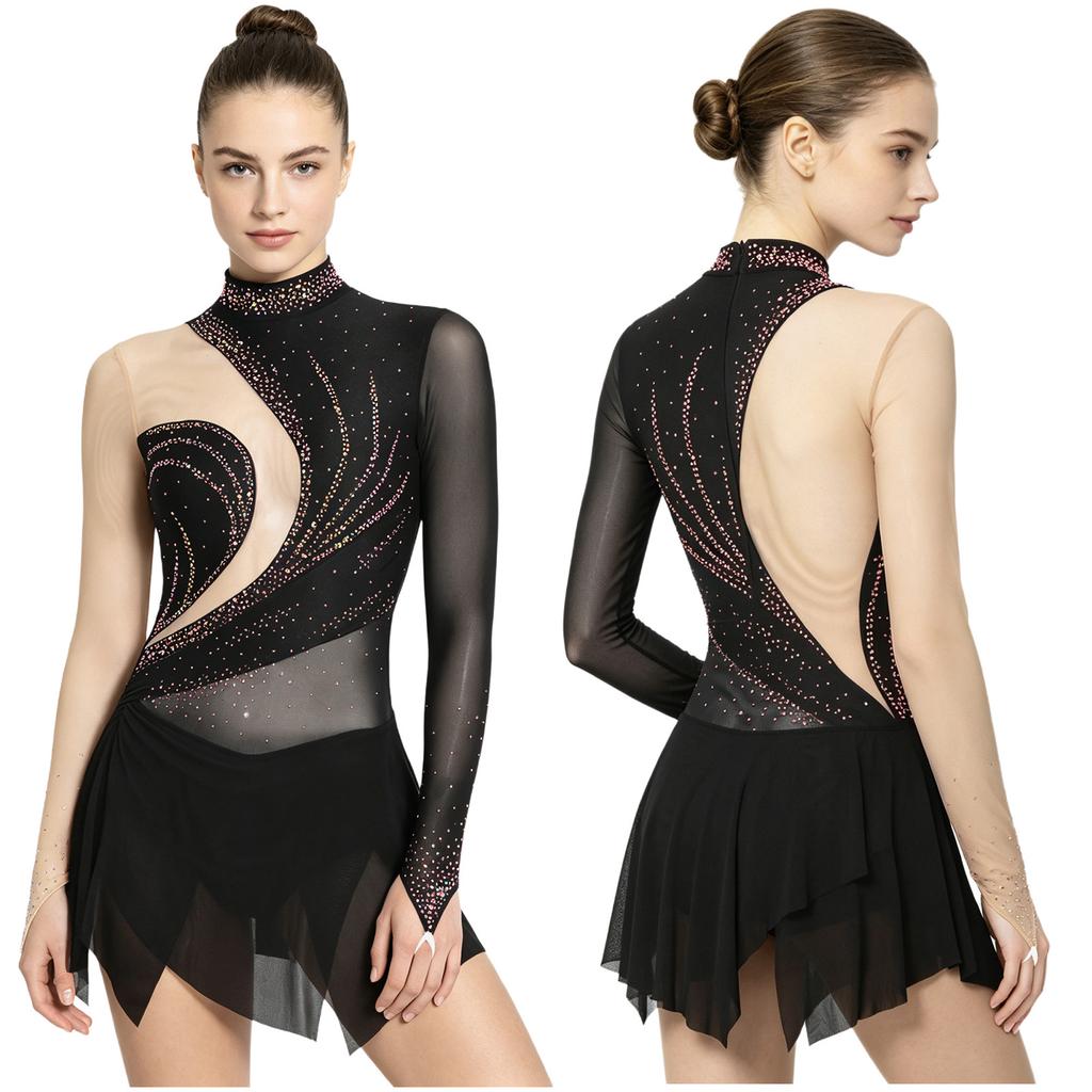 Women‘s Sparkly Rhinestone Leotard Dress Sheer Mesh Long Sleeve Mock Neck Color Blocking Asymmetrical Hem for Figure Skating Latin Performance