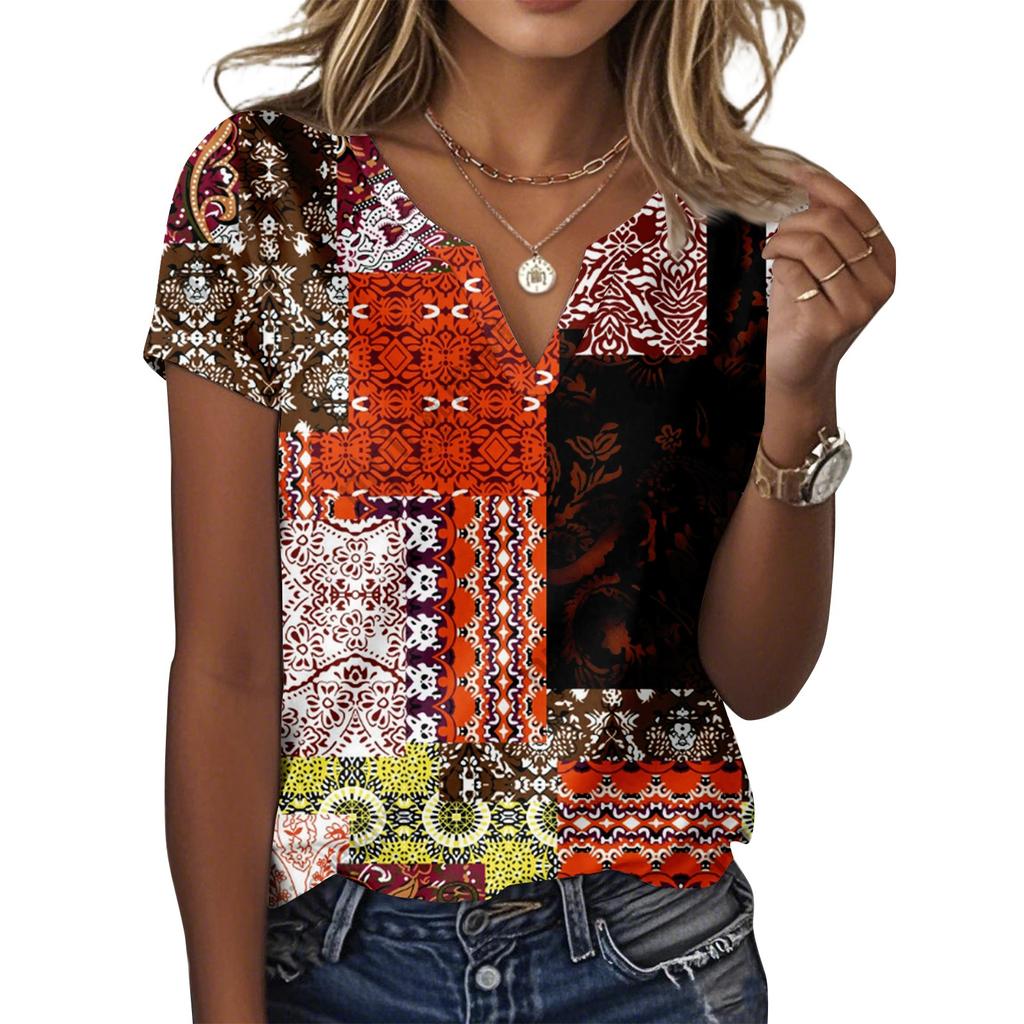 Женская повседневная футболка с цветочным принтом, пуловер с V-образным вырезом и коротким рукавом