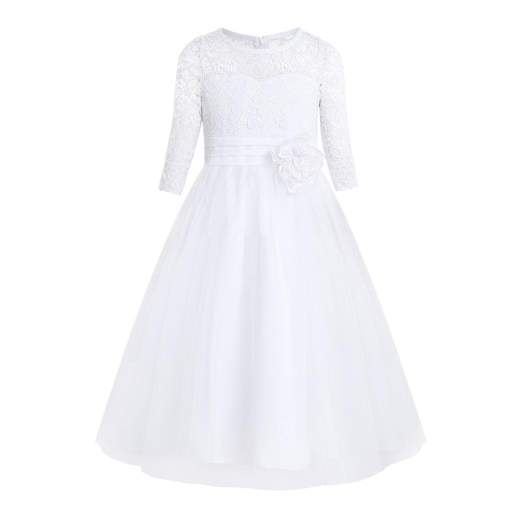 Girl Floral Lace Flower Dress Half Sleeved First Communion Wedding Bridesmaid Party Prom Gown