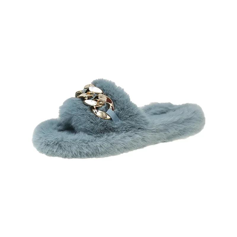 Зимние тапочки женские цепочные толстые подошвы плюшевые тапочки модные женские уличные теплые тапочки на плоском каблуке