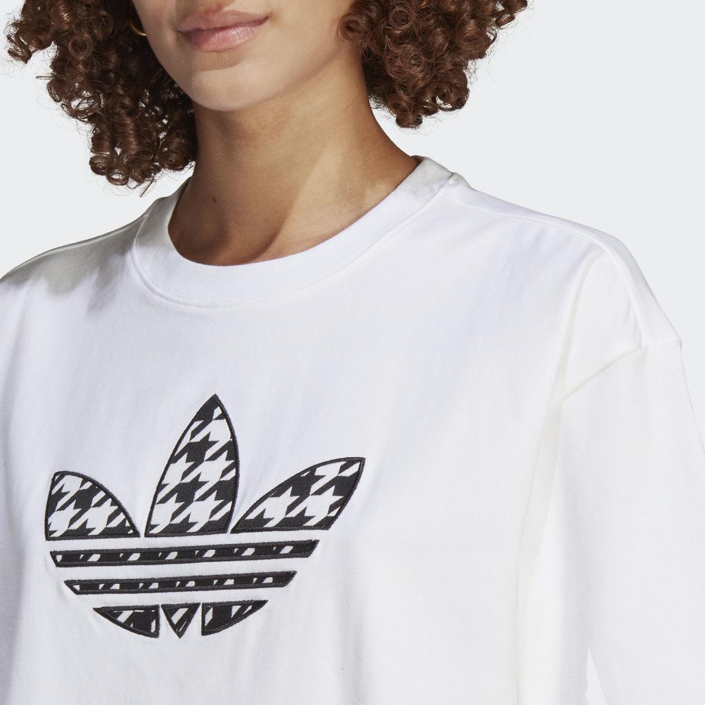Adidas Originals American Vintage Houndstooth Logo Print Loose Fit Crew Neck T-Shirt Women Tops White IC5144