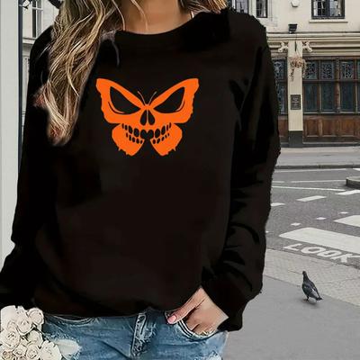 Топы для женщин с принтом тыквы и бабочки, круглый вырез, длинный рукав, футболка, осенний повседневный тонкий пуловер, женский топ с длинным рукавом