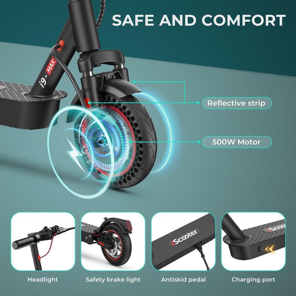 Electric Scooter Foldable iScooter 10" 500W Motor Adult Escooter 36V 10AH LED Display Top Speed 35Km/h Max Load 120Kg i9 Max