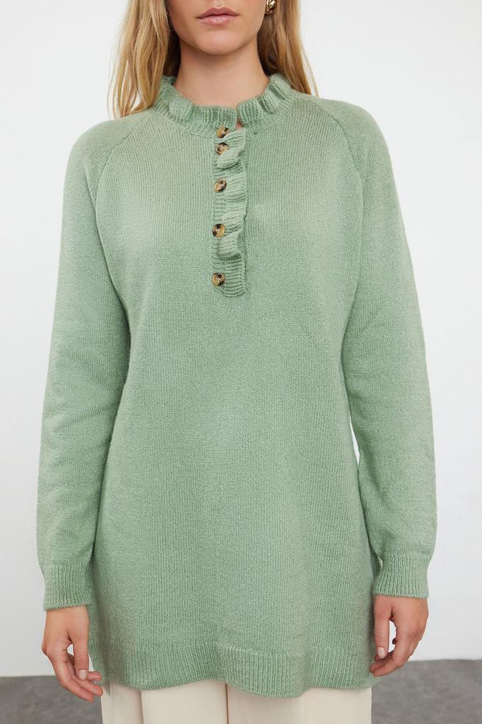 Women's Fashionable Stylish Hijab Sweater Mint Collar Frilly Buttoned Knitwear Sweater