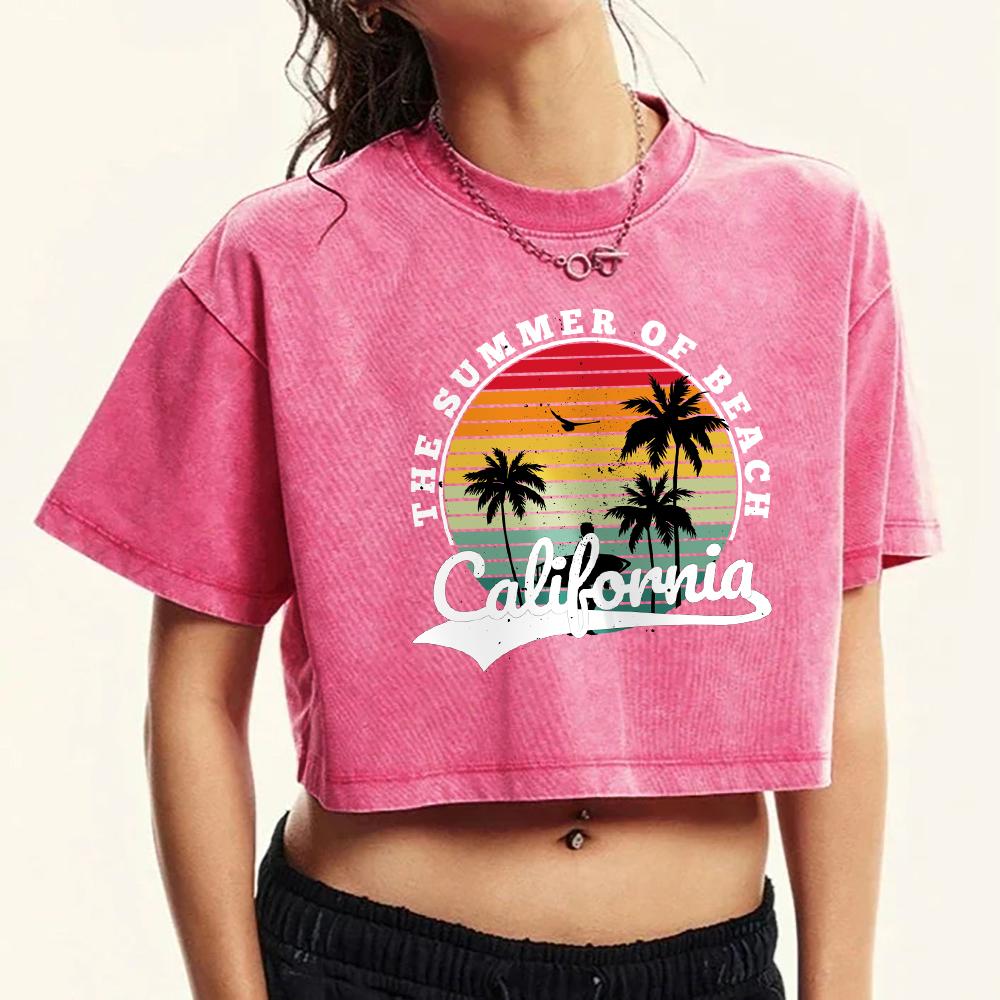 The Summer Of Beach California Cocoa Palm Printed Women Washed T-Shirts Retro O-Neck Tee Shirt Cotton T Shirt Top