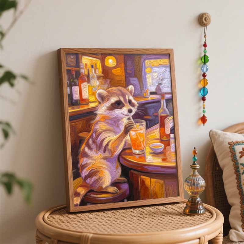 Oil painting DIY digital painting handpainted cute raccoon drinking juice bar counter living room hallway decorative wall hanging