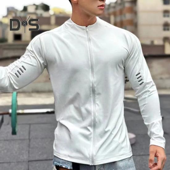 Мужское спортивное пальто с воротником-стойкой, эластичное впитывающее пот, мягкое, дышащее, быстросохнущее, однотонное, на молнии, с длинным рукавом, солнцезащитное пальто для бега в тренажерном зале