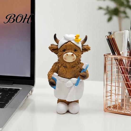 Cream Style Home Accessories Highland Cow Bathroom Figurine, Bathrobe Statue, Wateroroof Desktop Soft Decoration Animal Resin Ornament for Sink Shelf