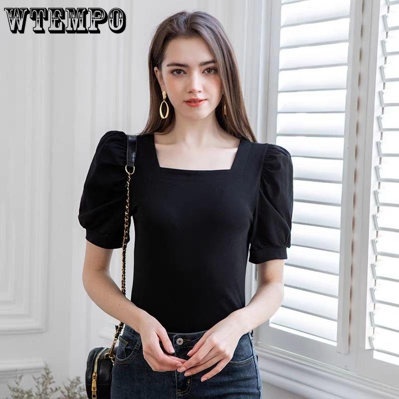 WTEMPO Retro Puff Sleeve Square Collar Short Sleeve T-Shirts Women's Summer Casual Solid Shirts Streetwear