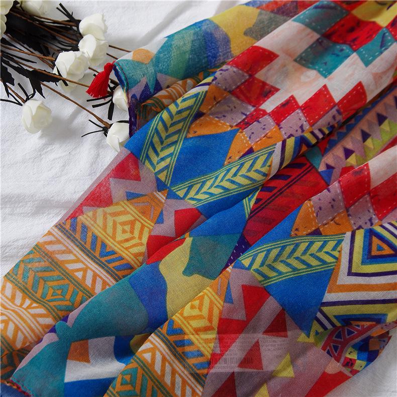 Colorful Geometric Cotton-Linen Scarf: Retro Ethnic Style Beach Shawl