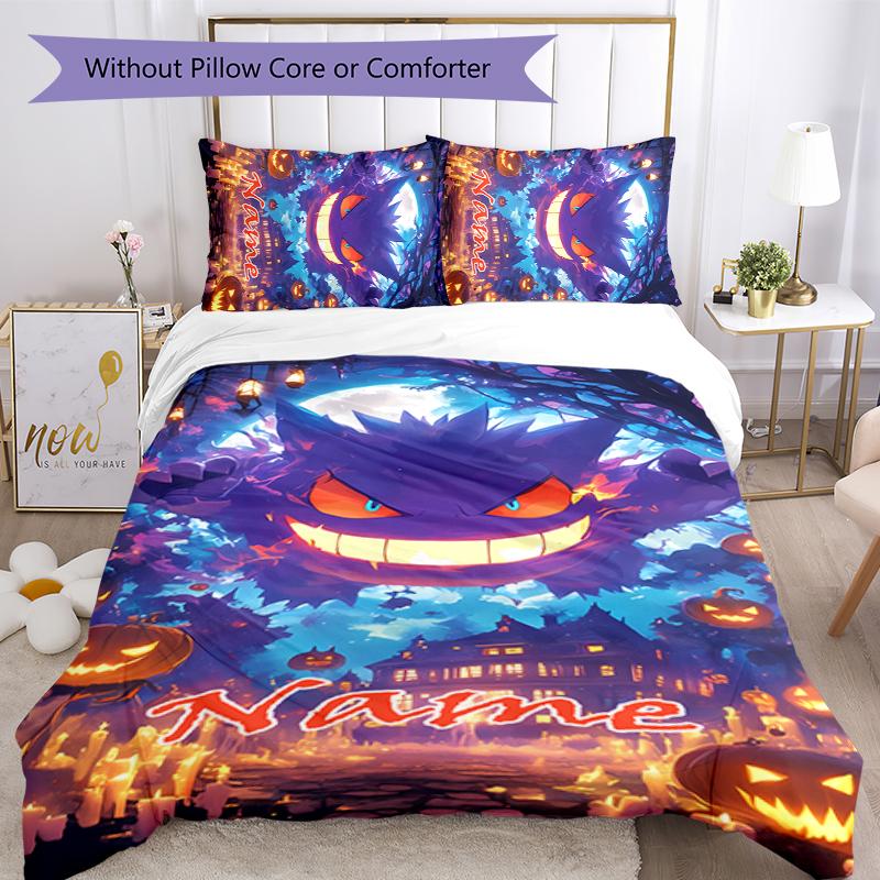 3pcs Custom Name Pokémon Gengar Bedding Set Duvet Cover Closure Includes 1 Duvet Cover & 2 Pillowcases for All Seasons Bedroom Decor