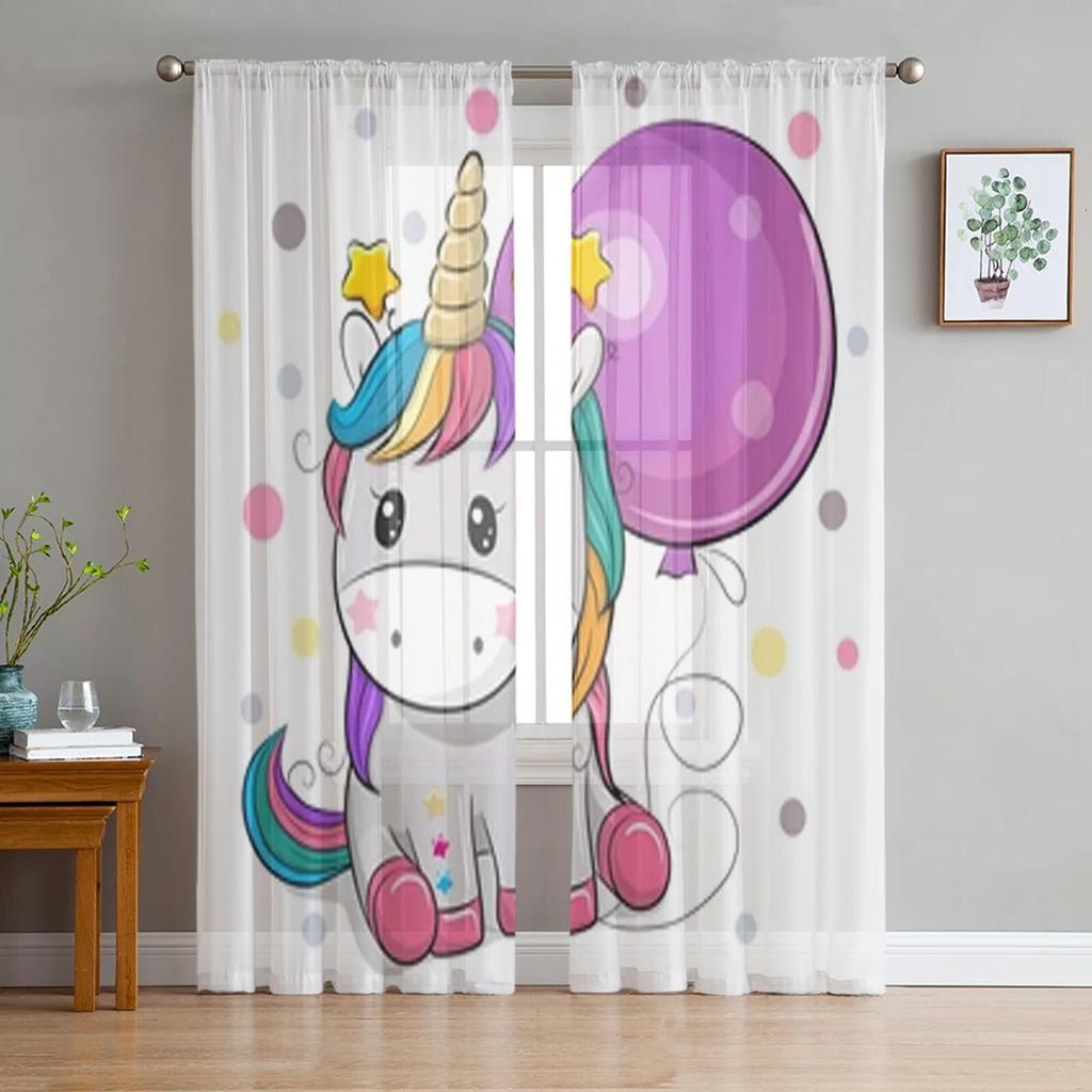 Милый мультяшный единорог с цветами, прозрачные шторы для гостиной, детская спальня, тюлевые шторы, кухонные шторы для окон
