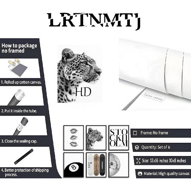 Fashion Trendy Leopard Wall Art Set of 6 Stockholm Preppy Room Painting Picture Wall Decor Black White Aesthetic Cheetah Poster Print Artwork for