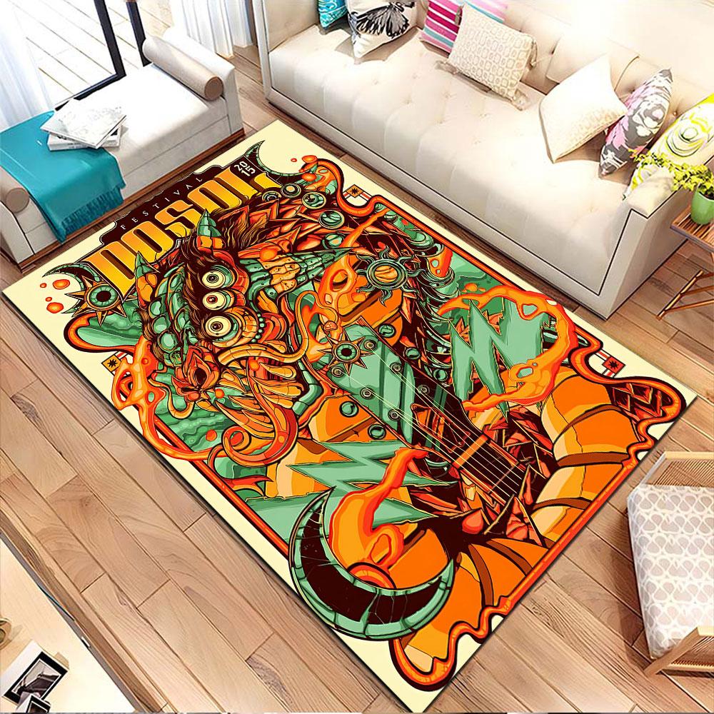 "Colorful Monster with Guitar Artwork" Patterned carpet, non slip mat suitable for living room and bedroom sofas