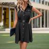 Женское платье Летние платья с отворотами на черной пуговице без рукавов на талии