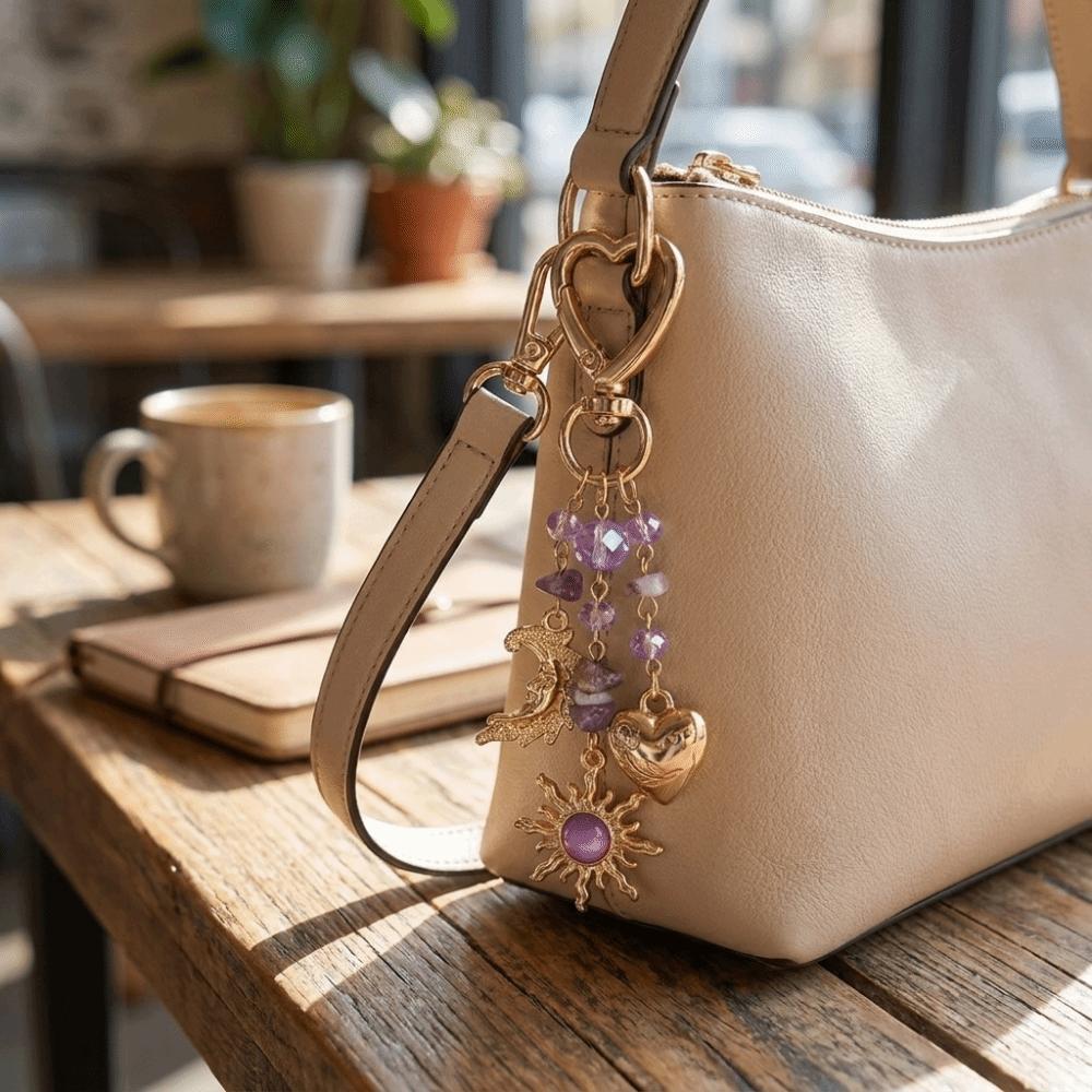 Vintage Zinc Zinc Alloy Beaded Bag Charm Shiny Pendant Keychain Boho Style Key Ring Daily Wear