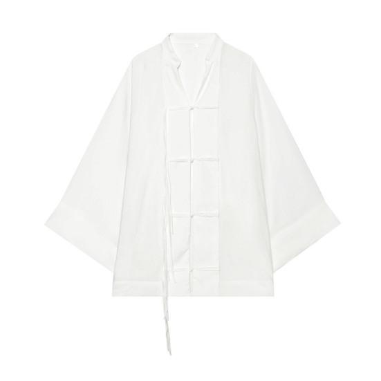 Handmade Button Shirt Women Stand Collar Shirt, Chinese Frog Blouse for Early Summer Casual Outfit Fall, Loose Solid Color Long Sleeve Top Spring Wear