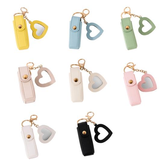 Lipstick Clip Keychain Pendant with Mirror Imitation Leather Lip Gloss Holder Heart-Shaped Pendant Alloy Key Ring