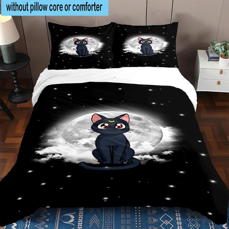 3PCS Lunar Cat Magic Night 3pcs Bedding,Including 3PCS Duvet Cover And 2pcs Pillowcases Perfect for Christmas,Ideal for Bedroom, Dormitory