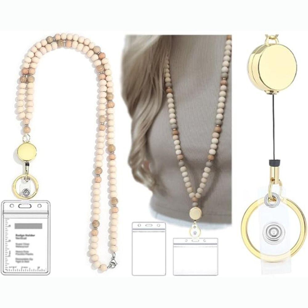 Multi-function Lanyards for ID Badge Keys 8mm Natural Beads Retractable Lanyards Id Badge Holder