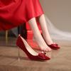 Fashion Large Size Women's Pumps High Heels Flock Red Wedding Shoes Pointed Toe Boat Shoes Pearl Bowtie Gold Heels Stilettos