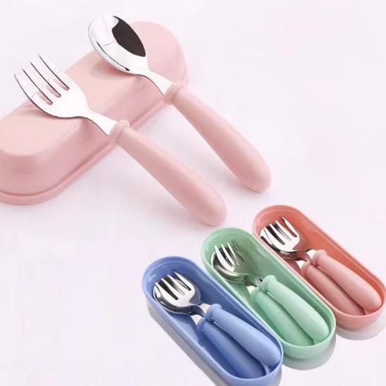 Stainless steel children's tableware set spoon and fork anti-drop and anti-scalding kindergarten portable storage box household tableware