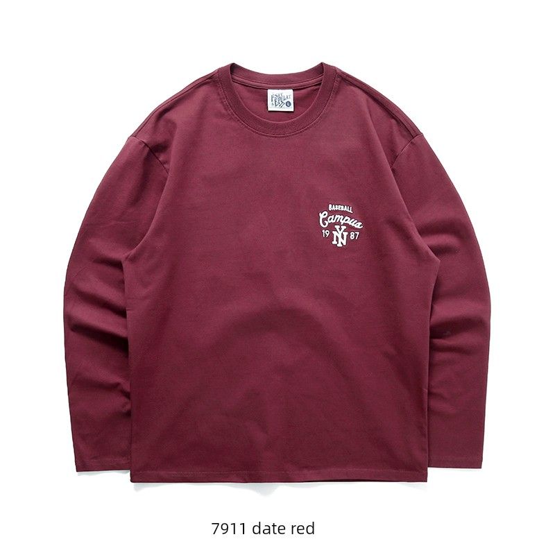 American vintage Embroidered Cotton Long sleeves Shirt Men's 2024 New Spring and Autumn Undershirt Foreign Trade Men's White T-shirt