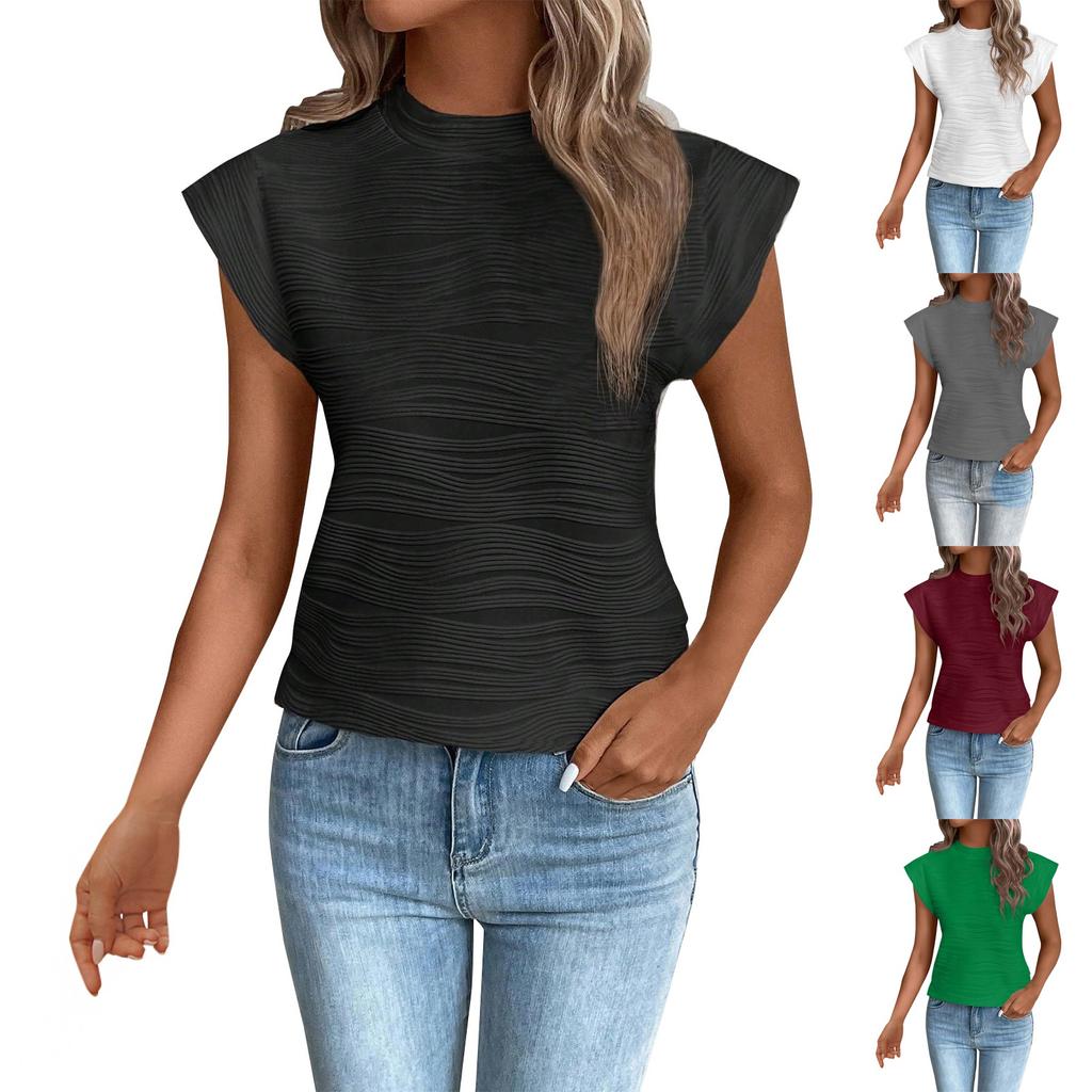Women's Wave Textured Round Neck Pullover Sleeve Top, Casual Solid Short Sleeve Pullover