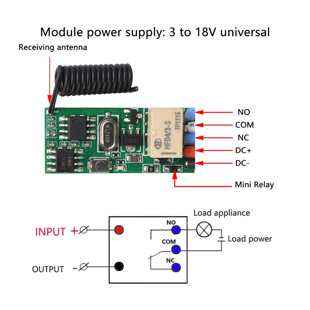 DC3V-18V 433MHz Mini Wireless Remote Control Switch Small On/Off Relay Module Easy Wiring for LED Light DIY Home Appliance