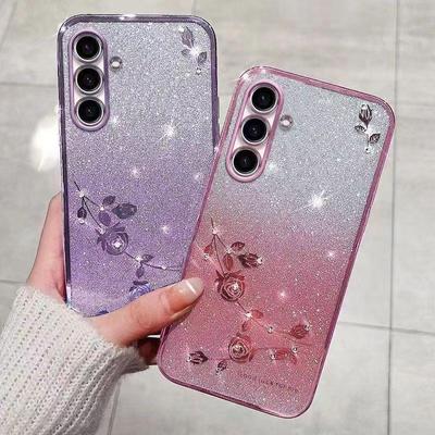 Чехол для телефона Samsung Galaxy A55, A35, A25, A15, A05s, Flash Pink Flower Прозрачный противоударный защитный чехол с роскошным бриллиантовым сиянием