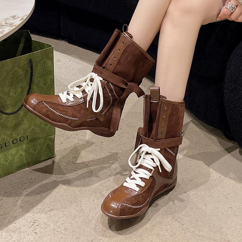 Fashion Fashion Lace Up Mid Calf Boots Women Y2K Gothic Low Heels Motorcycles Boots Woman Pu Leather Patchwork Punk Riding Botas Mujer