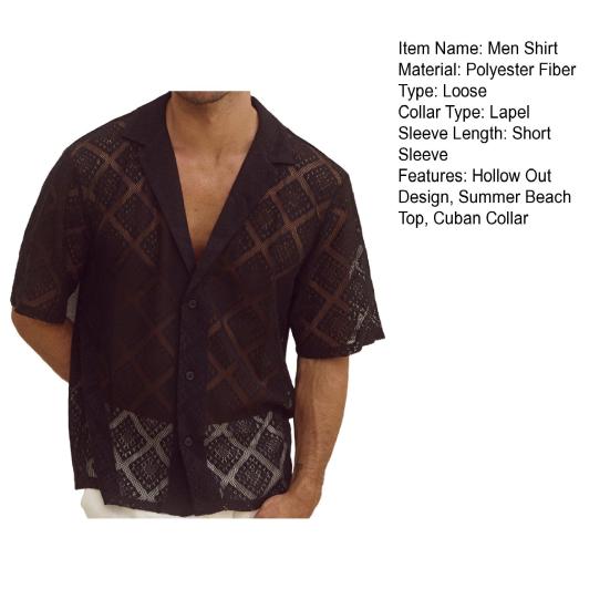 Кубинский мужской?Рубашка с воротником, повседневная, ажурная, трикотажная, на пуговицах, винтажная, с коротким рукавом, летний пляжный топ для уличного отдыха