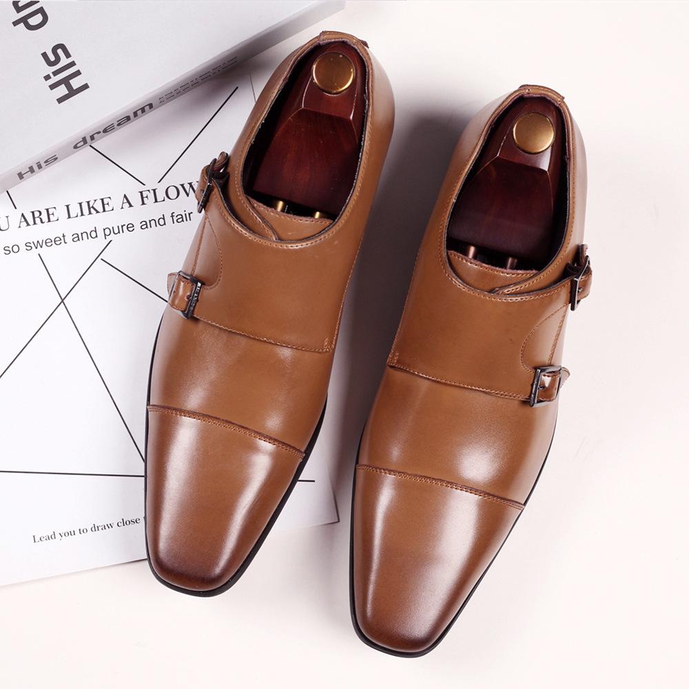 Men Dress Shoes Low Heel Retro Casual Double Buckle Shoes Wedding Shoes for Men