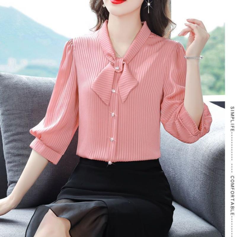 Summer Women's Seven Quarter Sleeved Mom's V-neck Loose Slimming Top Chiffon Shirt