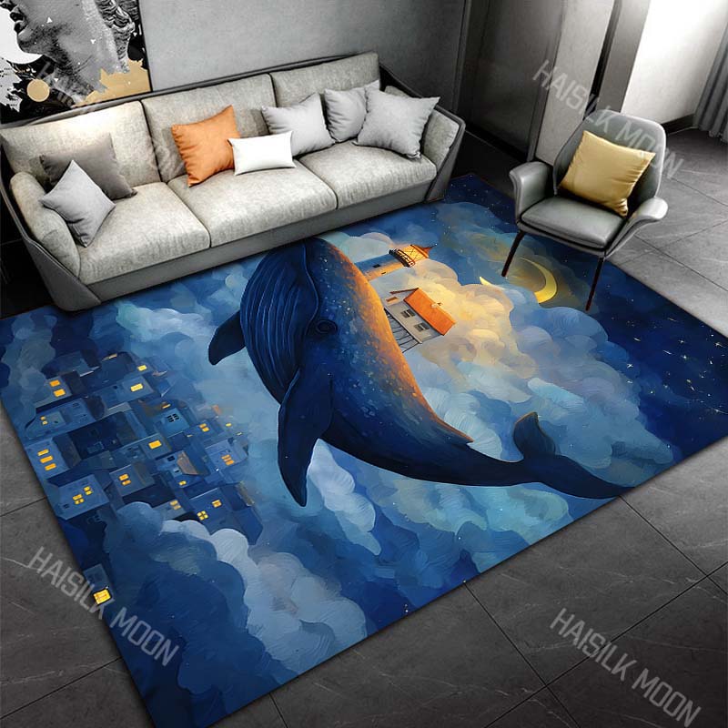 Whale carrying lighthouse house Print Carpet Rug for Living Room Bedroom Sofa Doormat Home Decor Non-slip Floor Mat
