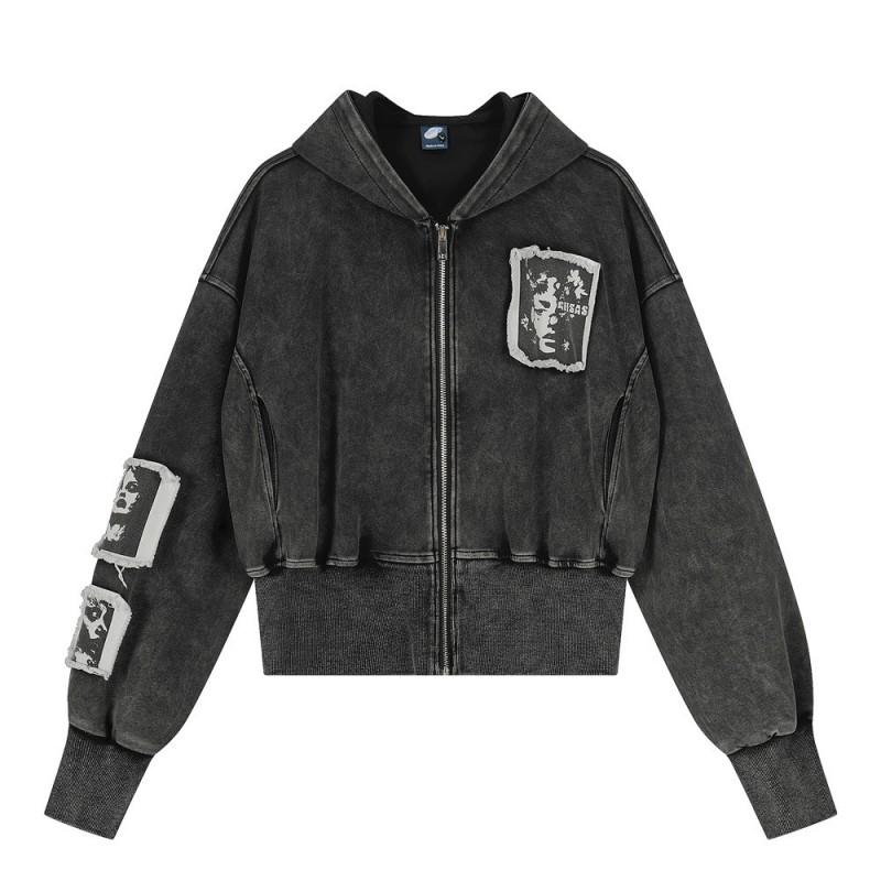 Unisex Punk Vintage Washed Hooded Zip-Up Sweatshirt With Embroidered Character Patch Streetwear Loose Fit
