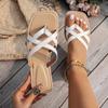 Fashion Plus Size Cross Strap Low Heel Flip Flops Women New Square Toe Clip Toe Slippers Woman Outdoor Slip On Pu Leather Slides Mujer