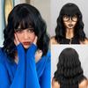 Women Fashion Shoulder Length Black Wavy Bob Wig with Bangs Synthetic Fiber Wavy Wig Daily Wear Cosplay